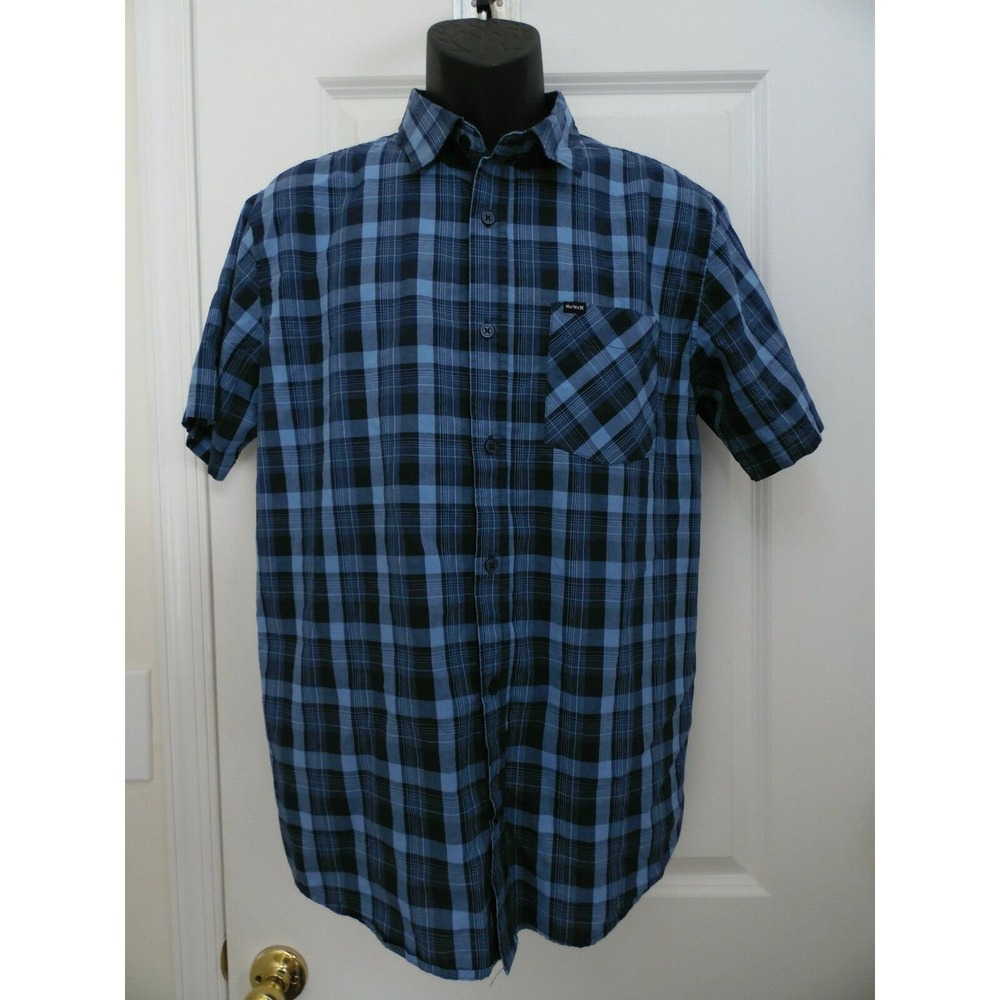 Hurley Mens Blue on Blue Plaid‎ Classic Fit Short Sleeve Button Up Shirt Sz Med